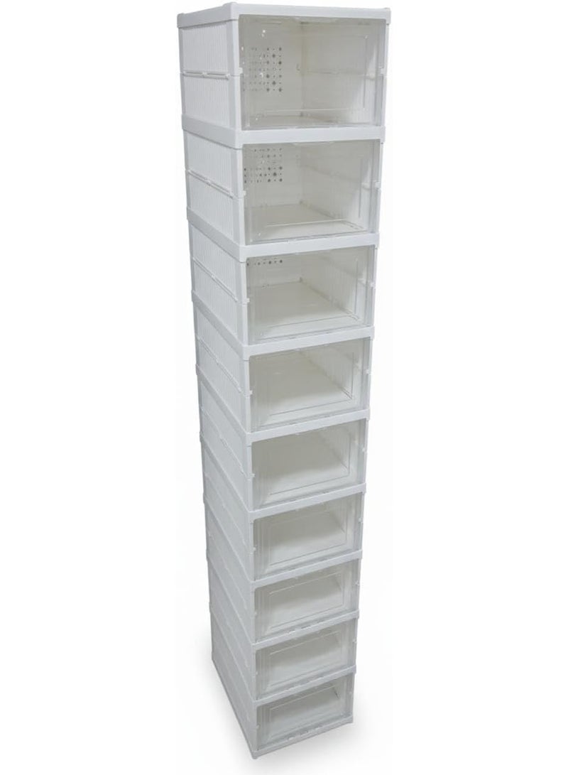 Spaceshoop 9 Tier Clear Shoe Organizer Storage Boxes Foldable Plastic Shoe Rack Cabinet Stackable and Space Saving Design White - Image 1